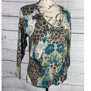 Le Mieux Top Womens S Floral Sequin Glitter V Neck 3/4 Sleeve Cotton Blend NEW